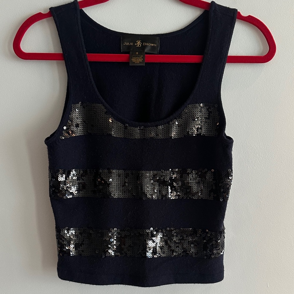 JB Julie Brown Navy Black Sequin Stripe Tank Top Women's Like New Party Evening